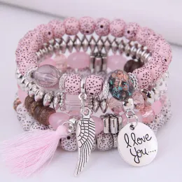 Strands Diezi Bohemian Multicolor Pink Crystal Breads Bracelets Mulheres Girlas Elastic Tassel Wing Letras de corda Pulseira feminina