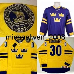 Kob Weng Men's＃30 Henrik Lundqvist Hand Painted Sweden Jersey Yellow100％ステッチエンプロイダリーSホッケージャージ