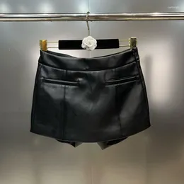 Skirts PREPOMP 2024 Spring Collection High Waist Patchwork Design Black Slim Pu Leather Shorts Skirt Women GP300