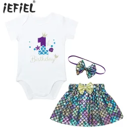 Sets Baby Girl Princess Clothes Set Mermaid 1st Birthday Party Outfit Shell Romper Sequins Fish Scales Dress Bowknot Headband Costume