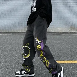 Jeans feminino desenho animado graffiti perna reta para homens, namorado de moda teeage garotas calças de jeans folgadas haarajuku streetwear