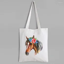 Einkaufstaschen Aquarell Pferd Clipart mit Blumen Leinwand Einkaufstasche Kunst süße umweltfreundliche Tierdrucke wiederverwendbarer Designer m