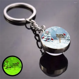 Keychains 1 PCs Chave de Natal brilho no pingente de bolsa de cais de vidro de vidro duplo de neve escuro