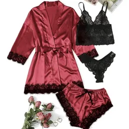 Nova moda feminina 4 peças Conjunto de renda rosa Cetim de alta qualidade, emparelhado com top de renda e shorts manto feminino sexy pijama se
