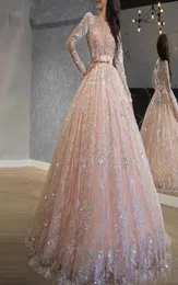 Sparkly Pink Sequined Lace Ball Gown Prom Dresses Jewel Neck Long Sleeve Sweet 16 Dress Long Quinceanera Dress Robe de Soiree CG008330434