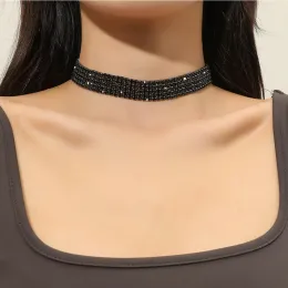 Necklaces FYUAN Simple Black Gold Silver Color Crystal Choker Necklaces for Women 5 Rows Rhinestones Chain Necklaces Fashion Jewelry