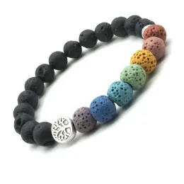 Strands Tree of Life 8mm Colorful Seven Chakras Nero Lava Lava Stone Bracciale fai -da -te Aromaterapia Olio essenziale Diffusore Bracciale Yoga Gioielli