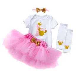 Setler 1. Doğum Günü Kız Kız Giysileri Set Yenidoğan Pamuk Bodysuits+Pembe Tutu Etek+Bacak Isıtıcıları+Kafa Bandı 4pcs/Set Bebek giysileri