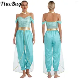 Bühne Wear Womens Belly Dance Kostüm ärmellose glänzende Pailletten Edelchen geschmückt arabische Prinzessin Strampler Jumpsuit Halloween Dress Up Costümen