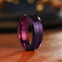 Zespoły moda 8 mm fioletowe pierścienie ze stali nierdzewnej dla mężczyzn kobiety fioletowy kolor szczotkowane fazowane krawędź obiecują pierścionki ślubne biżuteria biżuteria
