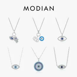 Halsband Modian 925 Sterling Silver Sexig ögonfrans Handen av Fatima turkoshänge Lucky Blue Eye Halsband för kvinnor Fin smycken gåva