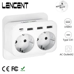 Chargers Lencent Wall Charger 6 in 1 ladro prese con 2 prese Schuko 3 porte USB e 1 Adattatore a spina multipli di tipo C per Home Office