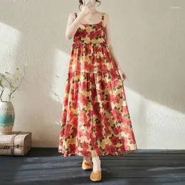 Vestidos casuais 2024 Pullovers 2024 Summer Summer elegante em Spliced Sling Fashion Simplicity Loose Bohemian Cotton and Linen Dress