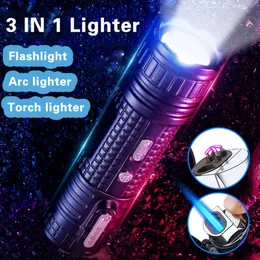 3 In 1 Torch Cigar Lighter Multifunction Windproof Jet Flame Electric Arc Pulse Lighter With LED Flashlight Creactive Men Gift