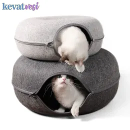 Casas Donut Cat Bed Tunnel Interactive Bory House para 2 gatos feltro gato gato meio fechado Treinamento interno de caver