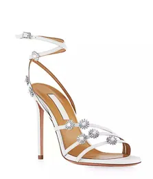 New Aquazzur Woman Heels High Sapato de vestido Sandália estrelada Sandália 105mm Sandálias de couro Bride Dress Bride Helk Strap Designers de luxo Sapatos