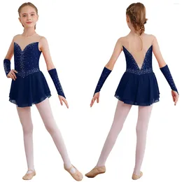 Sahne Giyim Çocuk Kızları Figür Ballet Balesi Lirik Dans Ritmik Jimnastik Performans Kostümü Rhinestones Leotard Tutu