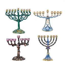 Titulares de vela Hanukkah esmalte a menorah judeu leque de leque embelezado Candelabra com detalhes em jóias