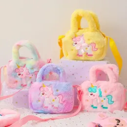 Taschen Kinder Stickerei Einhorn Plüsch Spielzeug Crossbody -Geldbörse Handtaschen kleine Mädchen Regenbogen flauschige Geldbörse Süßes Cartoon Pelzige Umhängetasche