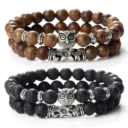 Strands 2pcs Beads Bracelet Men 8mm Natural Tiger Eye Lava Stone Owl Charm Stretch Couple Bracelets & Bangles Women Lucky Energy Jewelry