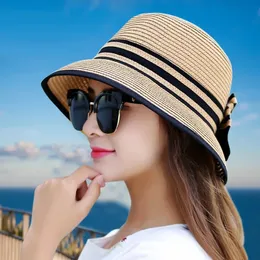 Muchique Boater Hats för kvinnor Sommarsol Straw Hat Wide Brim Beach Hatts Girl Outside Travel Straw Cap Casual Bow Hat B-7847 240418