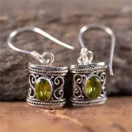 Dangle Chandelier Ethnic Oval Inlaid Olive Green Stone Hook Earrings Vintage Silver Color Metal Carving Hollow Spiral Pattern H240423