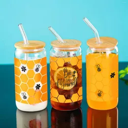 Vinglas med bin honungmönster 3D tryck 16oz glas kopp mur kan vattenflaskor med bambu lidstraw dricka öl soda kaffekoppar