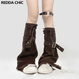 Reddachic Vintage Brown Cowgirl Denim Leg Warmers FLAGE Bandage Belt Women Gaiters Boots Cover Grunge Y2K Girl Knee Long Socks 240422