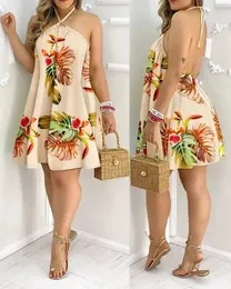 Tropical Print Halter Neck Dress Urlaubsstil Backlos für Frühlings Sommer Womens Clothing 240419