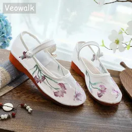 Sapatos casuais veowalk verão feminino gaze tecido bordado apartamentos de balé retrô estilo chinês respirável confortável andando preto branco