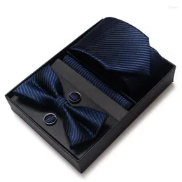 Papillons cravatta per vacanza per vacanza fazzolandese tasca quadrate cufflink set crackie box scuro blu blu vestita formale festa di pasquo