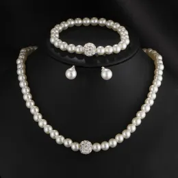 Strands Womens Bride Wedding Jewelry Set Rhinestone Faux Pearl Colar Bracelet Brincho