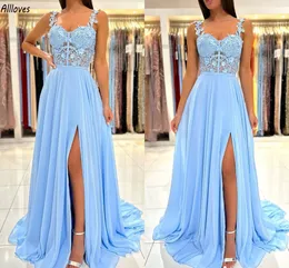 Charming Light Sky Blue Chiffon Eine Linie Prom Kleider glamouröse Spitze applizierte Spaghetti -Träger Abendkleider sexy Split Sweep -Zug Frauen formelle Partykleid Cl3521