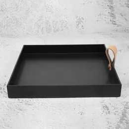 Smycken påsar Creative Square Pu Leather Servering Tray Decorative Dish Cosmetics Sundries Desktop lagringsplatta med handtag (svart)