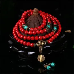 Stränge Charms Yoga 108 Roter türkisfarbener Stein mit Quastenarmband Handknotted Buddha Gebetsperlen Meditation Mala Halsketten Armbänder