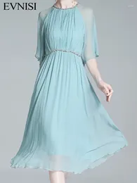 Sukienki swobodne Evnisi Kobiety szyfonowe sukienki eleganckie biuro Niebieskie A-line bajki elegancki pasek łańcuchowy na imprezę vestido