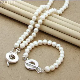 Strängar Doteffil 8mm Natural Pearl Beaded Chain 925 Silver OT Buckle Necklace Armband Set For Women Wedding Engagement Party Jewelry