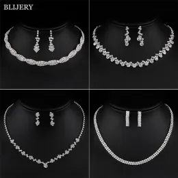 Necklaces BLIJERY Silver Plated Crystal Bridesmaid Bridal Jewelry Sets Geometric Choker Necklace Earrings for Women Wedding Jewelry Sets