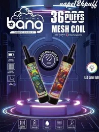 Bang Box 36000puff Tek Kullanımlık Elektronik E-Cigette Puff36k Ön Doldurulmuş 40ml Ağ Kablo Bobini Şarj Edilebilir Pods850mAH LED Işık 5% 3% 2% 0% 12 Tomatlar Dtlvaping