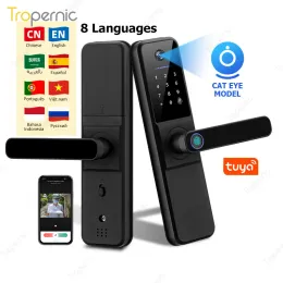 Kontrollera Tuya WiFi App Electronic FingerPrint Code Card Front Door Security With Camera Disit Door Lock Smart Life