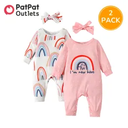 One-Pieces PatPat 2Pack Overalls Baby Girl Clothes New Born Romper Infant Newborn Rainbow Print Longsleeve Snap Jumpsuit Headbands Sets