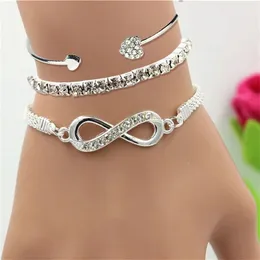 Conjunto vintage Color prateado Crystal Heart Bracelets para mulheres moda moda geométrica Ajustável Infinito Bobada Jóias 240418