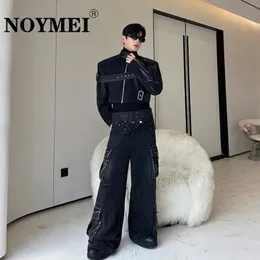 Nomei moda erkek denim iki parça set düz renkli sonbahar kış siyah kargo geniş bacak jean kısa ceket wa3035 240421