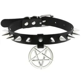 Necklaces Spikes Rivets Pentagram Star Belt Choker Gothic PU Leather Pendant Clavicle Chain Y2K Necklace For Women