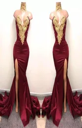 2017 Neue sexy afrikanische Burgund -Prom -Kleider Abendkleidung Mermaid Gold Spitze applizierte vordere Split 2K18 Elegante formelle Abendparty9210329