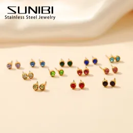 Earrings SUNIBI Stainless Steel Earrings for Women Birthstone Piercing Gun Gold Color Ear Stud PushBack Piercing Gifts Jewelry Wholesale