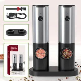 Rechargeable Electric Salt And Pepper Grinder Set USB Charging Base Stainless Steel Automatic Spice Grinder With LED Pepper Mill 240420