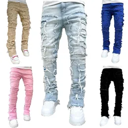 Jeans masculinos para masculino Jeans Man Patch empilhado de forma regular Estudado Destruído Destruído calça de jeans reta Roupas de rua casual renascimento rock slim fit jean