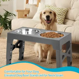 Matning av förhöjd hund dubbel skål rostfritt stål justerbar höjd hundskål skål husdjur långsam mat vatten matare antislip för universella hundar