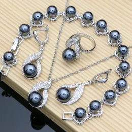 Strands Black Pearls 925 Silver Jewelry Sets for Women Luxury Pearl Beads Bracelet Line Design Earring Ring Necklace for Lady Party Gift